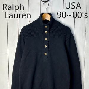 USA古着 90s～00ｓ Ralph Lauren ヘンリーネック ざっくり コットンニットセーター L ラルフローレン オールド アメリカ古着 厚手●216