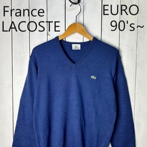 ヨーロッパ古着 90s～ フランス企画 LACOSTE ハイゲージ ラムウールVネックニットセーター 3 青紺 オールド ラコステ ヴィンテージ ●219