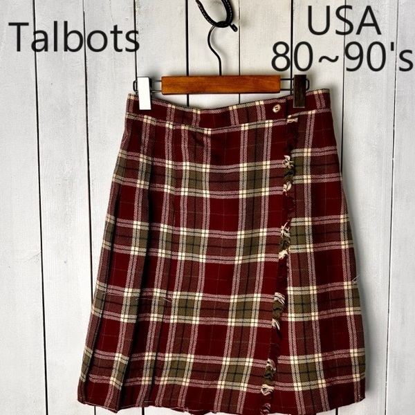 USA古着 80s～90s USA製 Talbots チェックウール プリーツラップスカート 6 ヴィンテージ オールド 膝丈 アメリカ 巻き タルボット●320