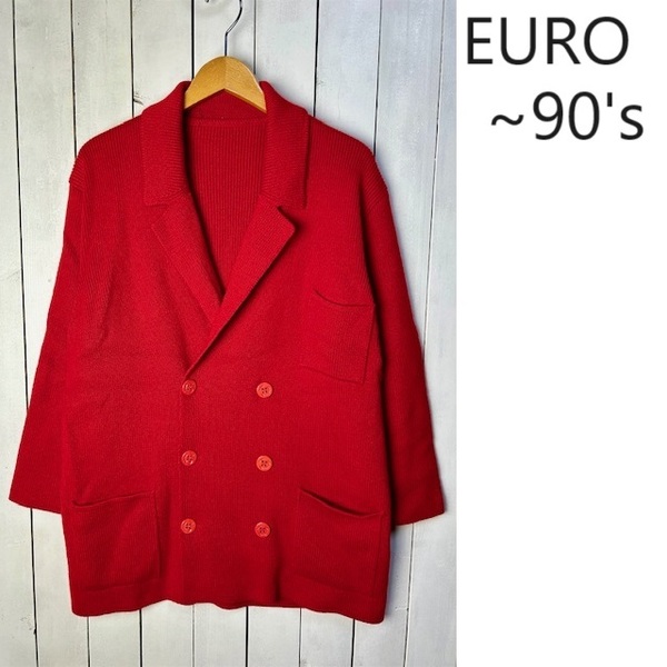 ヨーロッパ ～90s 厚手 ダブルブレスト ニットジャケット ニットコート 52 赤 オールド ヴィンテージ ユーロ USA古着 L～XL ウール●142