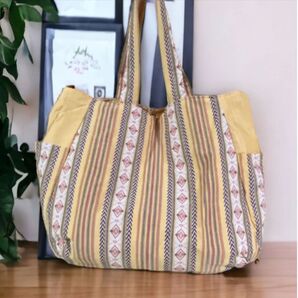 2wayエスニックリバーシブルビッグトート オレンジ ハンドメイド