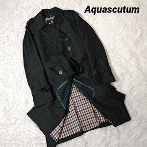 極美品英国　アクアスキュータム Aquascutum　チェック ギャバジントレンチコート ダークグリーン　大きいサイズ