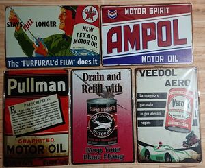 ブリキ看板 5枚 ☆　モーターオイル　MOTOR OIL　オイル缶　AMPOL　PULLMAN　壁飾り：アメリカン雑貨☆ 