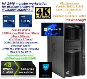 あらゆるソフトを超快適に!!クリエイターモデル★13世代Core i9超xeon36コア72スレッド★NVMeSSD2TB＆HDD4TB/128GB ECC(即決)Quadro M5000