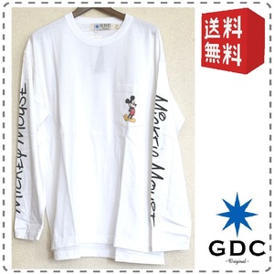 GDC ジーディーシー メンズ長袖Tシャツ ミッキーマウス ディズニー 胸ポケット付 袖プリント 白 綿100% Lサイズ 送料無料 A078