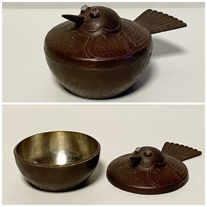 銅製　鳥　蓋物　置物　菓子器　【RG】