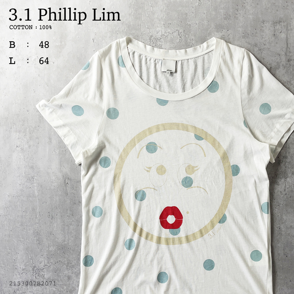 3.1 Phillip Lim レディース L 相当 Uネック 薄手 ドット 柄 水玉 プリント 半袖 Tシャツ 白 ホワイト 綿 100% スリーワンフィリップリム S