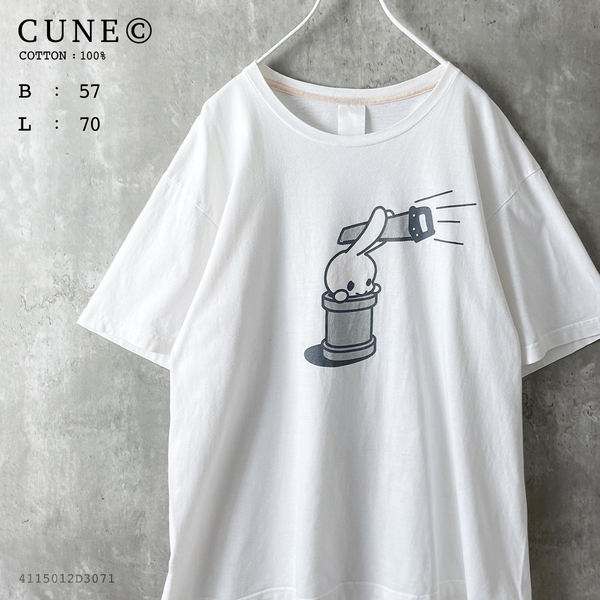 CUNE キューン メンズ XL うさぎ キャラクター プリント 半袖 Tシャツ 白 ホワイト モノトーン 綿 100% コットン ウサギ 裏原系 ストリート