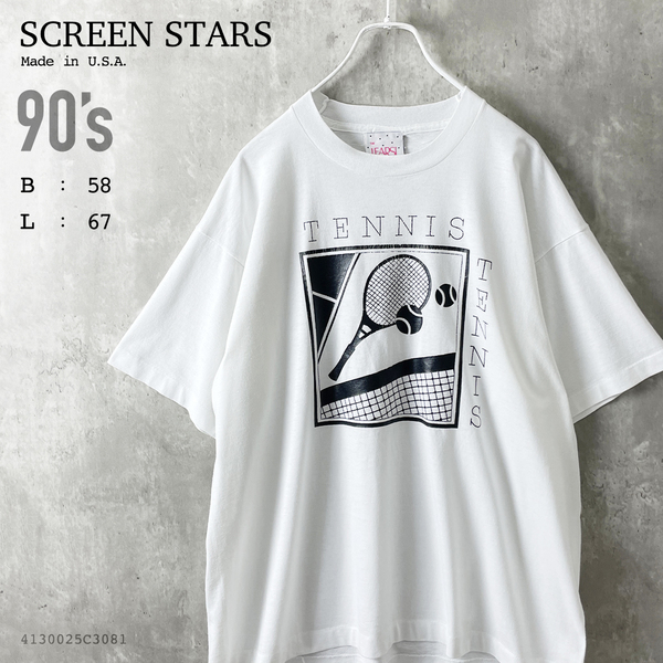 90s USA製 SCREEN STARS メンズ XL モノトーン テニス ボックス ロゴ プリント 半袖 Tシャツ 白 ホワイト シングルステッチ ヴィンテージ