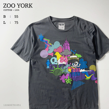 ZOO YORK メンズ XL 相当 ロング丈 NY ポップ アート プリント 半袖 Tシャツ チャコール グレー 黒 ブラック マルチカラー 綿 ズーヨーク L_画像1