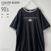 90s - 00s Calvin Klein メンズ XL 相当 USA製 ロゴ プリント 半袖 リンガー Tシャツ 黒 ブラック オーバーサイズ ヴィンテージ モノトーン_画像1