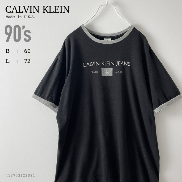 90s - 00s Calvin Klein メンズ XL 相当 USA製 ロゴ プリント 半袖 リンガー Tシャツ 黒 ブラック オーバーサイズ ヴィンテージ モノトーン