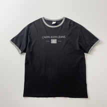 90s - 00s Calvin Klein メンズ XL 相当 USA製 ロゴ プリント 半袖 リンガー Tシャツ 黒 ブラック オーバーサイズ ヴィンテージ モノトーン_画像3