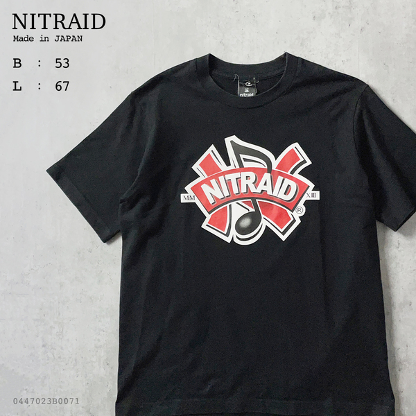 NITRAID メンズ M 厚手 ビッグ ロゴ プリント 半袖 Tシャツ 黒 ブラック 赤 レッド 綿 100% ストリート 音符 文字 ヘビーウェイト 日本製