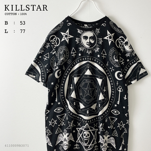 KILLSTAR メンズ L ロング丈 薄手 総柄 プリント 半袖 Tシャツ 黒 ブラック 柄 イラスト 綿 100% オカルト 黒魔術 モノトーン キルスター