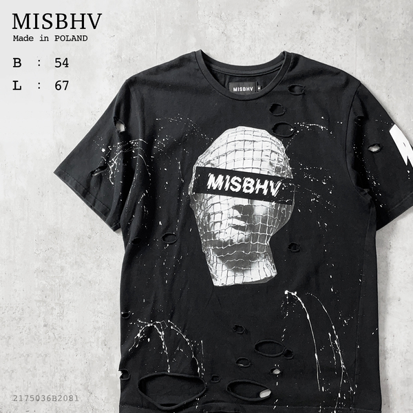 MISBHV メンズ M ダメージ 加工 ペイント 穴 グランジ ロゴ プリント 半袖 Tシャツ 黒 ブラック モノトーン 綿 100% コットン ミスビヘイブ