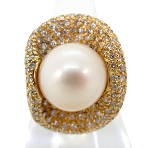 [ used ]K18 White Butterfly pearl / diamond pave ring 18 number [g180-42]
