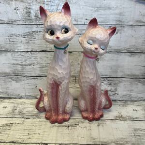 m536 陶器 猫 置物 ネコ レトロ 人形 オブジェ ファンシー　ピンク