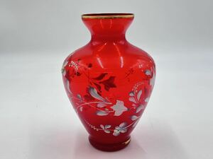 ＃8927　ガラス　硝子　花瓶？　壺？　murano1994？　花柄　赤　アンティーク　詳細不明