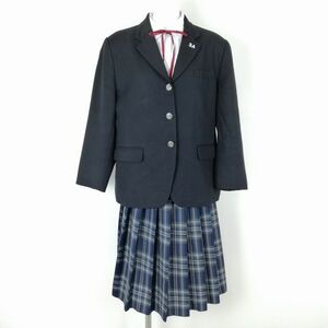 1円 ブレザー チェックスカート 紐タイ 上下4点セット 160B 大きいサイズ 冬物 女子 学生服 中学 高校 紺 制服 中古 ランクC NA2543