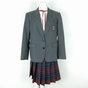 1円 ブレザー チェックスカート 紐タイ 上下4点セット 大きいサイズ 冬物 女子 学生服 東京深川第三中学 グレー 制服 中古 ランクC NA2745