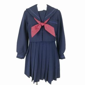 1円 セーラー服 ジャンスカミニ スカーフ 上下3点セット 冬物 青1本線 女子 学生服 中学 高校 紺 制服 中古 ランクC NA2688