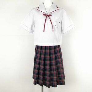 1円 セーラー服 チェックスカート 紐タイ 上下3点セット 大きいサイズ 特大 カンコー 夏物 赤1本線 女子 中学 高校 白 中古 ランクC NA2545