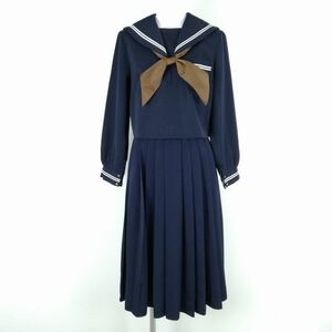 1円 セーラー服 スカート スカーフ 上下3点セット 富士ヨット 冬物 白2本線 女子 学生服 中学 高校 紺 制服 中古 ランクC NA2506