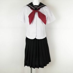 1円 セーラー服 スカート スカーフ 上下3点セット M トンボ 夏物 ピンク2本線 女子 学生服 広島瀬戸内高校 白 中古 ランクC NA2968