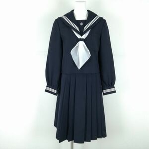 1円 セーラー服 スカート スカーフ 上下3点セット M 冬物 白3本線 女子 学生服 中学 高校 紺 制服 中古 ランクC NA3003