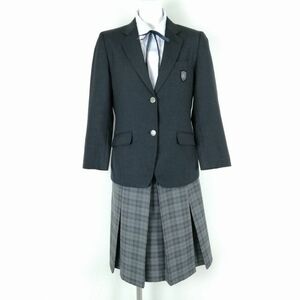 1円 ブレザー チェックスカート 紐タイ 上下4点セット M カンコー 冬物 女子 学生服 神奈川有馬高校 グレー 制服 中古 ランクB NA3117