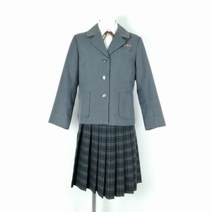 1円 ブレザー チェックスカート 紐タイ 上下4点セット 155A 冬物 女子 学生服 宮崎大塚中学 グレー 制服 中古 ランクB NA3352