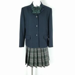 1円 ブレザー チェックスカート リボン 上下4点セット 大きいサイズ トンボ 冬物 女子 学生服 中学 高校 緑 制服 中古 ランクC NA3287