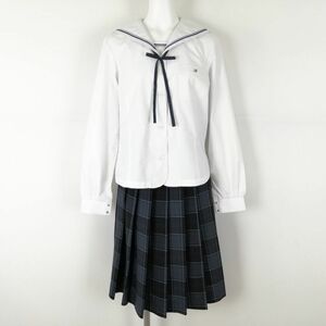 1円 セーラー服 チェックスカート 上下3点セット 170A 大きいサイズ カンコー 中間服 水色青各1本線 女子 倉敷高校 白 中古 ランクC NA3267