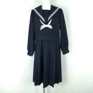 1円 セーラー服 ジャンパースカート スカーフ 上下3点セット 大きいサイズ 冬物 白3本線 女子 学生服 中学 高校 紺 中古 ランクB NA3539