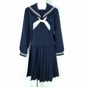 1円 セーラー服 スカート スカーフ 上下3点セット 175A 大きいサイズ 冬物 白2本線 女子 学生服 中学 高校 紺 制服 中古 ランクC NA3282