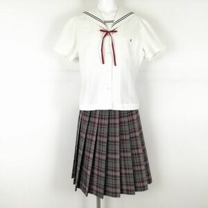 1円 セーラー服 チェックスカート 上下3点セット L トンボ 夏物 黒2本線 女子 学生服 岡山倉敷翠松高校 白 制服 中古 ランクC NA3721