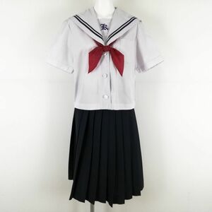 1円 セーラー服 スカート 上下3点セット 大きいサイズ 夏物 青2本線 女子 学生服 長崎大村市立郡中学 白 制服 中古 ランクC NA3709