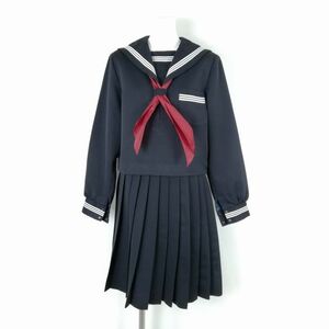 1円 セーラー服 スカート スカーフ 上下3点セット 大きいサイズ 富士ヨット 冬物 白3本線 女子 学生服 中学 高校 紺 中古 ランクC NA3332