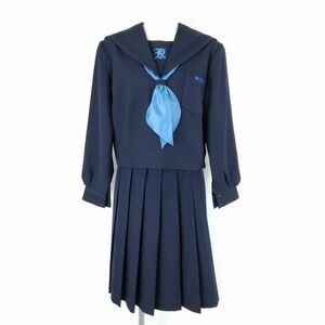 1円 セーラー服 スカート スカーフ 上下3点セット 大きいサイズ 冬物 青3本線 女子 学生服 兵庫三木北高校 紺 制服 中古 ランクC NA3520