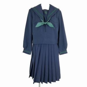 1円 セーラー服 スカート スカーフ 上下3点セット 大きいサイズ 冬物 緑3本線 女子 学生服 大阪郷荘中学 紺 制服 中古 ランクC NA3805