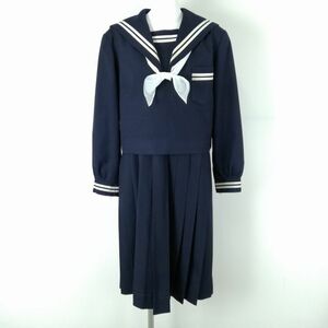 1円 セーラー服 ジャンパースカート スカーフ 上下3点セット 大きいサイズ 特大 冬物 白2本線 女子 中学 高校 紺 中古 ランクC NA3641