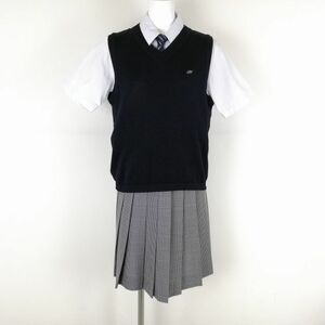 1円 ニットベスト チェックスカート ネクタイ 上下4点セット ELLE 夏物 女子 学生服 中学 高校 紺 制服 中古 ランクC NA3173