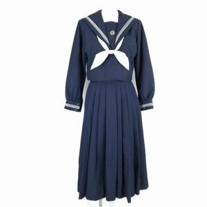 1円 セーラー服 スカート スカーフ 上下3点セット 冬物 白3本線 女子 学生服 熊本玉名中学 紺 制服 中古 ランクC NA3856