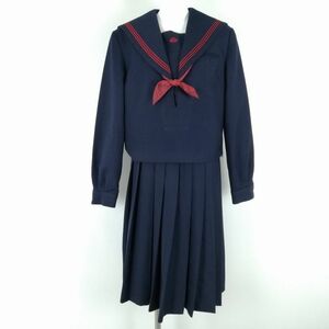 1円 セーラー服 ジャンパースカート スカーフ 上下3点セット 175A 大きいサイズ トンボ 冬物 赤3本線 福岡赤池中学 紺 中古 ランクC NA3971