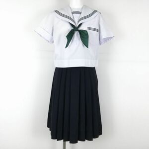 1円 セーラー服 スカート スカーフ 上下3点セット 夏物 緑3本線 女子 学生服 中学 高校 白 制服 中古 ランクC NA3904