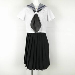 1円 セーラー服 スカート スカーフ 上下3点セット 夏物 青2本線 女子 学生服 長崎桜が原中学 白 制服 中古 ランクC NA3905