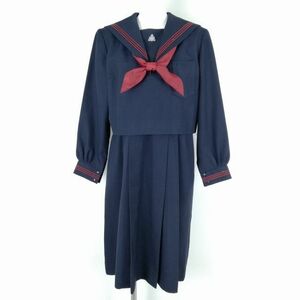 1円 セーラー服 ジャンパースカート スカーフ 上下3点セット 大きいサイズ 冬物 赤3本線 女子 学生服 中学 高校 紺 中古 ランクC NA4401