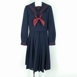 1円 セーラー服 ジャンパースカート スカーフ 上下3点セット 指定 155A ミッシェルクラン 冬物 赤3本線 中学 高校 紺 中古 ランクB NA4245