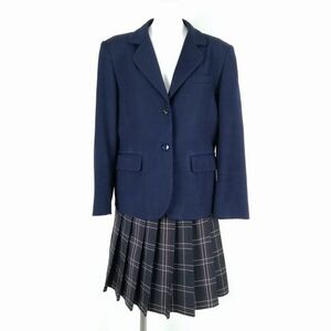 1円 ブレザー チェックスカート 上下2点セット 大きいサイズ 富士ヨット 冬物 黒3本線 女子 学生服 中学 高校 紺 制服 中古 ランクC NA3895